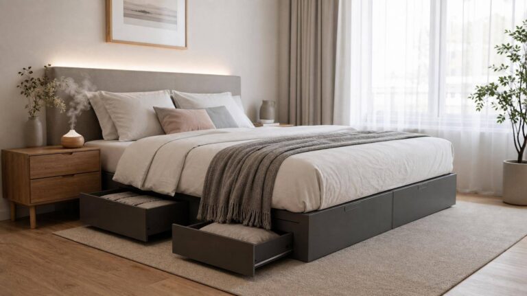 Quarto minimalista com cama box e iluminação natural