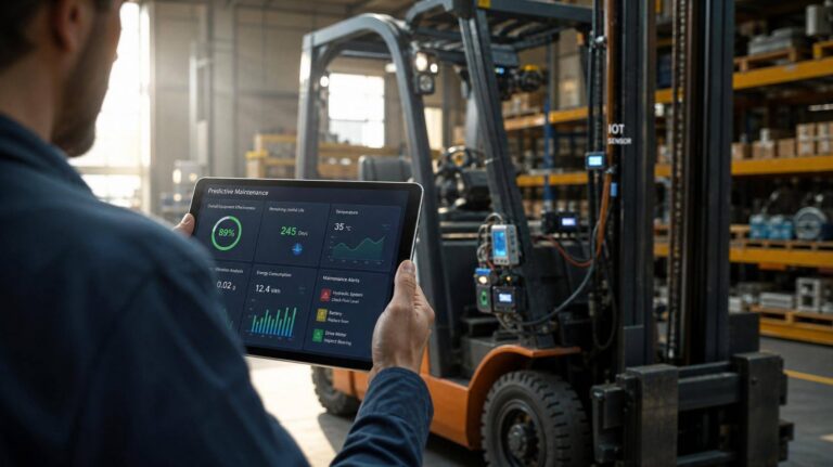 engenheiro usando tablet para manutenção de empilhadeira em galpão industrial