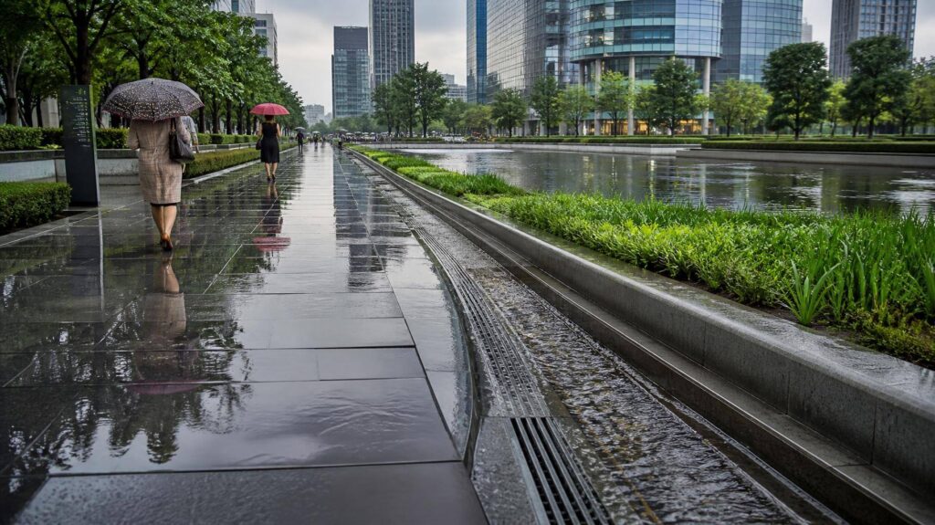 Rua urbana com canal de drenagem e corredores verdes contra enchentes