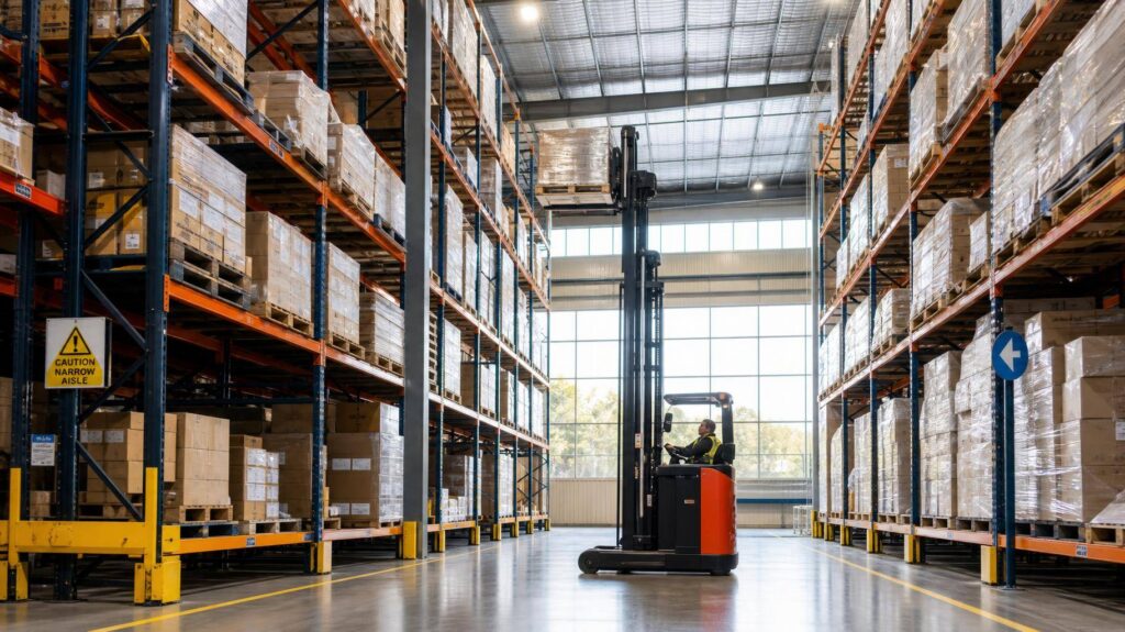 Interior de armazém vertical com rack alto e empilhadeira retrátil em ação